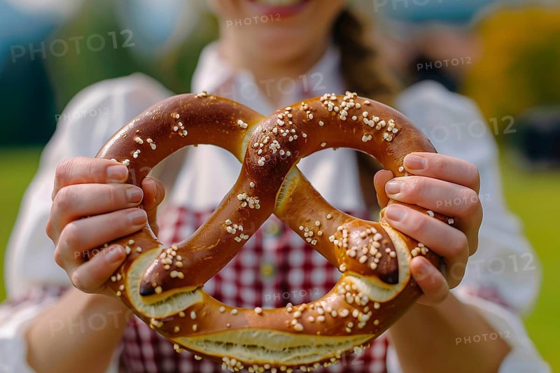 Close up of German pretzel held by hands of woman in traditional Bavarian attire. Generative AI, AI generated