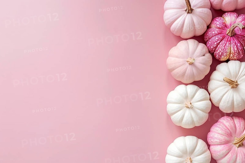 Top view of pink and white pumpkins on side of pastel pink background with copy space. Generative Ai, AI generated