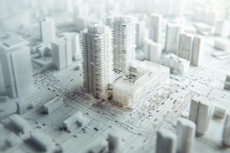 Architectural model made of plastic, model making for architecture, design, architectural design of a modern residential neighbourhood, housing estate on a body of water, new construction, modern residential buildings, AI generated, AI generated