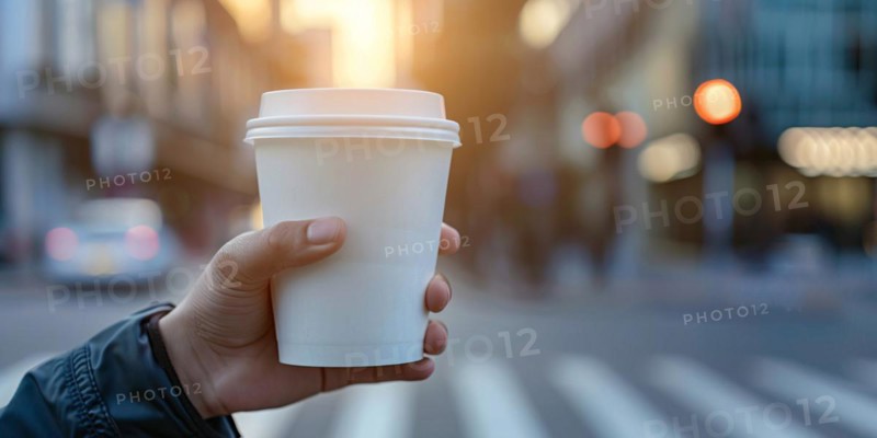 Person's hand holding white disposable coffee cup with blurry city in background. KI generiert, generiert, AI generated