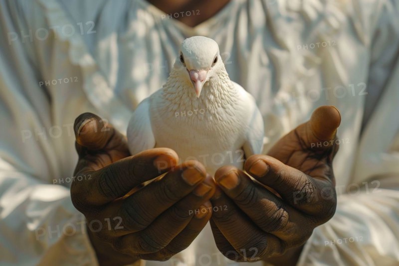 Close-up of a man's hands, with a white dove, dove of peace, AI generated, AI generated, AI generated