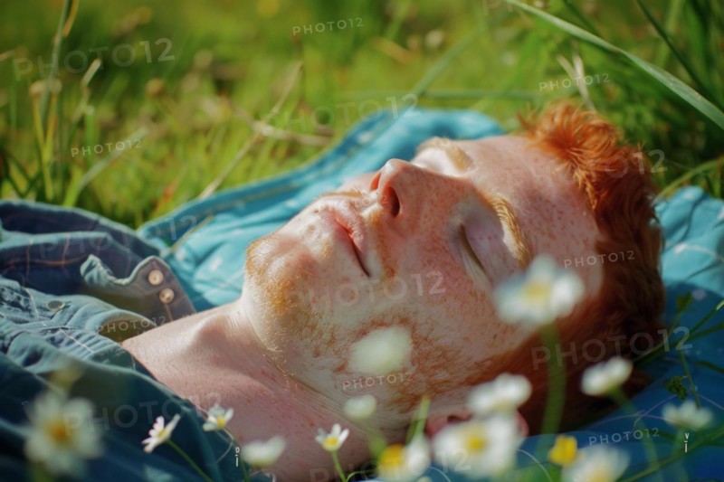 Teenager, young fair-skinned man with red hair and freckles lying on a spring meadow and basking in the first spring sun, health risk, possible late effects, risk of skin cancer due to intense UV radiation that can cause sunburn, AI generated, AI generated, AI generated