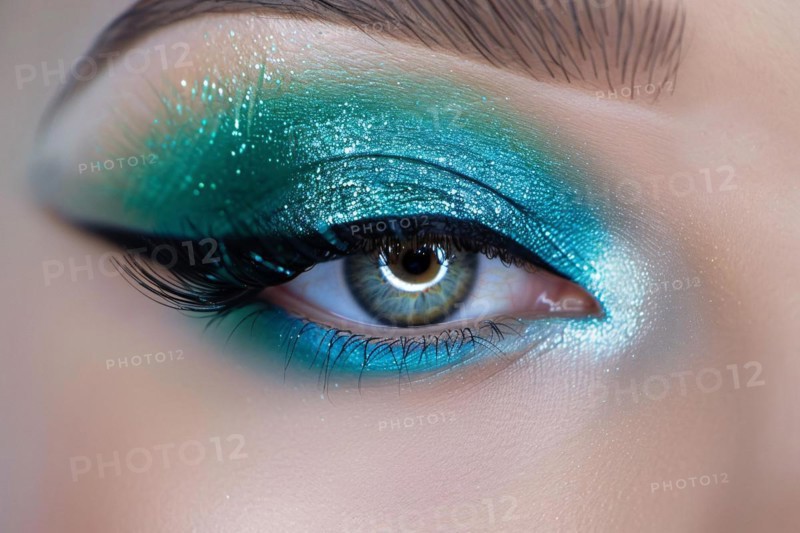 Woman's eye makeup with dteal blue eye shadow with glitter and long dark eye lashes. KI generiert, generiert AI generated