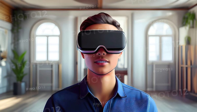 Three dimensional render of a man wearing virtual reality glasses, AI generated