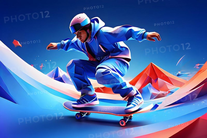 Skateboarder in dynamic jump abstracted into fluid shapes that capture elegance and dynamic in french olympic colors blue, white and red, AI generated