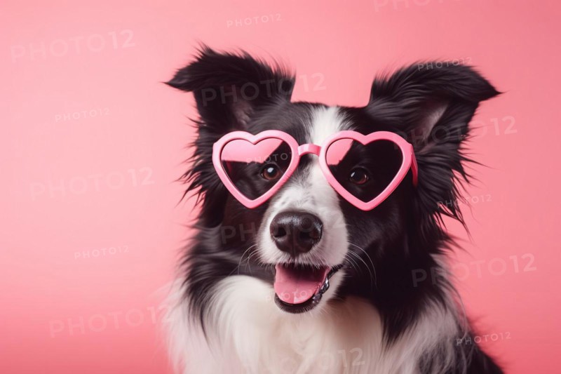 Collie dog with pink heart shaped Valentine's day glasses in front of pink studio background. KI generiert, generiert, AI generated