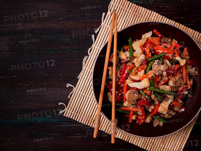 Wok, Asian-style vegetables, street food, mixed vegetables, no people, top view