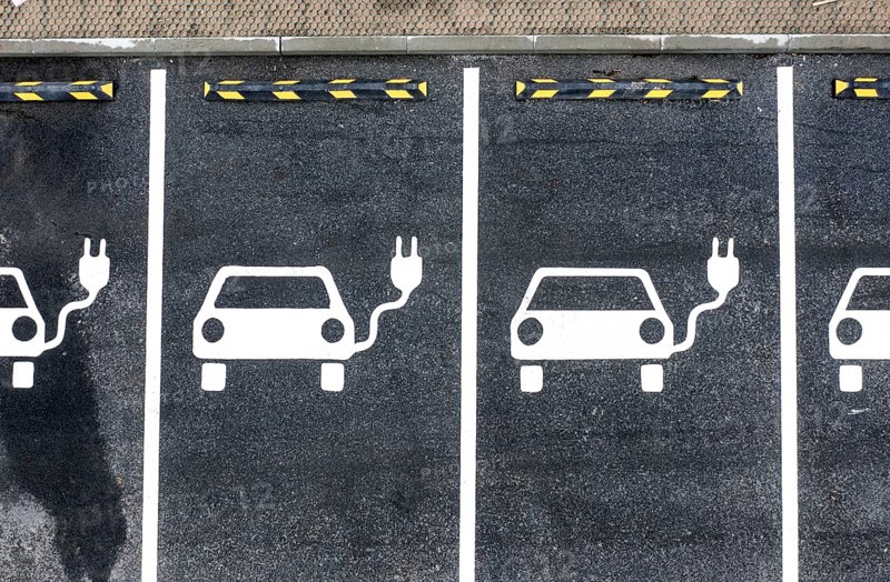 Aerial view of charging stations for electric cars at the Tesla Gigafactory in Grünheide, 28 01 2023