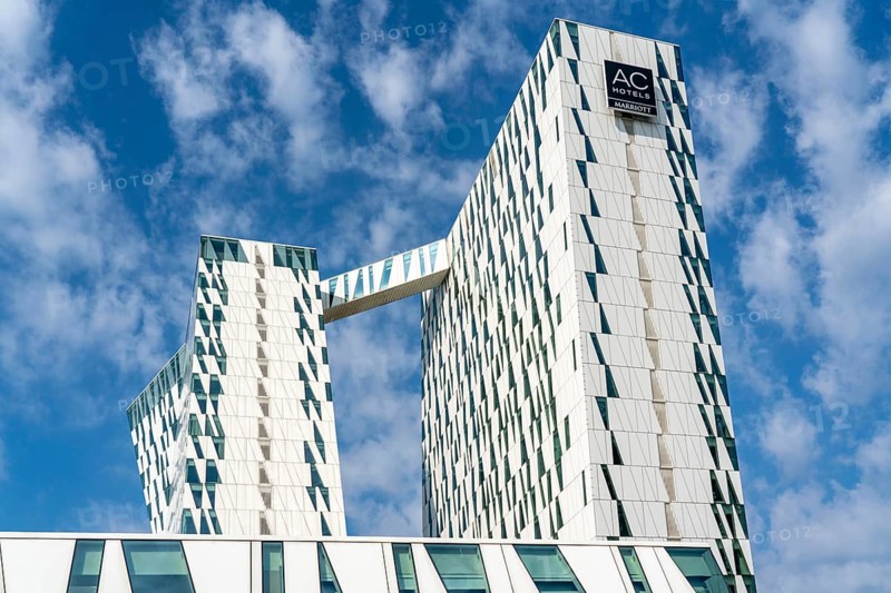 The Bella Sky Hotel, four-star hotel, at the Bella Center complex, Scandinavia's largest exhibition and conference centre, in the Ørestad district, with 790 rooms the largest hotel in Scandinavia, Copenhagen, Denmark, Europe