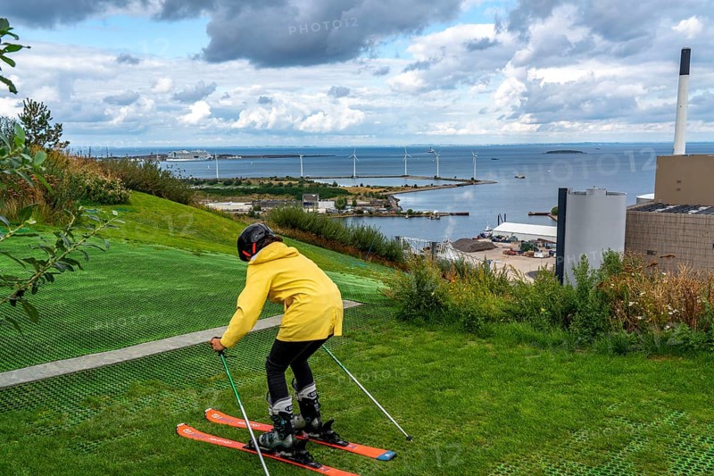 CopenHill, waste incineration plant and artificial ski slope, skiing with a view of the Øresund, 90 metres high and 400 metres long slope on artificial turf, Copenhagen, Denmark, Europe