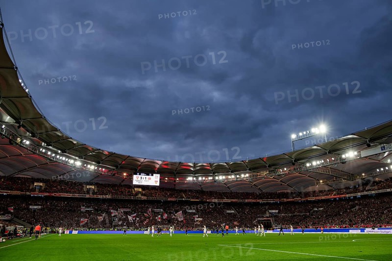 Overview, rain clouds, sky, dark, floodlights, VfB Stuttgart vs. 1. FSV Mainz 05, MHPArena, MHP Arena Stuttgart, Baden-Württemberg, Germany, Europe