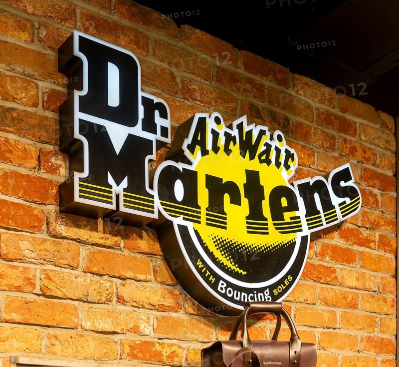 Dr Martens shoeshop interior, Bath, Somerset, England, UK, Air Wair bouncing soles