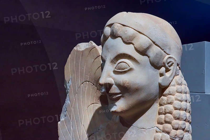 Marble Spinx, tomb, sculpture of a smiling ancient woman with stylised hair, Archaeological Museum, Archea Korinthos, Corinth, Peloponnese, Greece, Europe