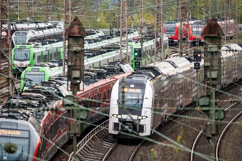 Regional express trains, Regiobahn, RRX, on the line, Regiobahnen, S-Bahn, on the tracks of a railway depot, waiting to be deployed, Essen, North Rhine-Westphalia, Germany, Europe