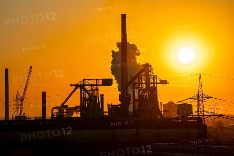The two blast furnaces of HKM, Hüttenwerke Krupp Mannesmann, in Duisburg-Hüttenheim, extinguishing cloud of the coking plant, chimney of the sintering plant, Duisburg, North Rhine-Westphalia, Germany, Europe