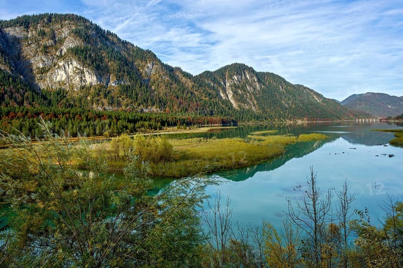 River Isar at the inflow into the Sylvensteinsee, Sylvenstein reservoir, Sylvenstein reservoir for flood protection, Lenggries, Isar valley in the Isarwinkel, Upper Bavaria, Bavaria, Germany, Europe
