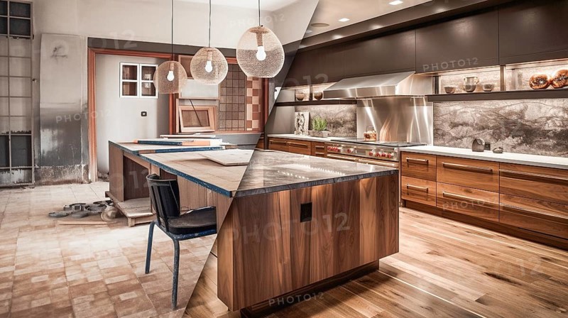 Luxurious custom kitchen upgrade interior before and after construction, generative AI, AI generated