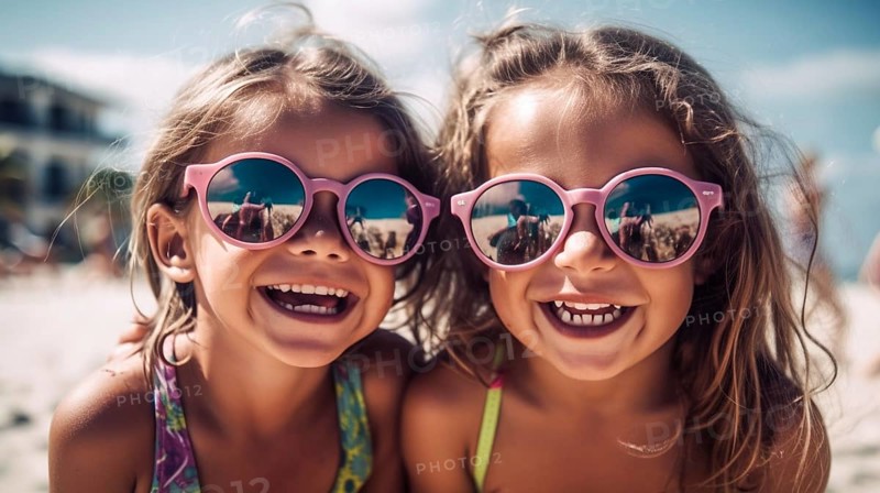 Two young girlfriends posing wearing sunglasses having fun on the beach, generatvie AI, AI generated