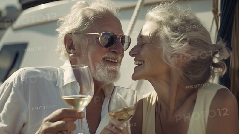 Senior caucasian couple enjoying drinks on the deck of their yacht in the ocean, generatvie AI, AI generated