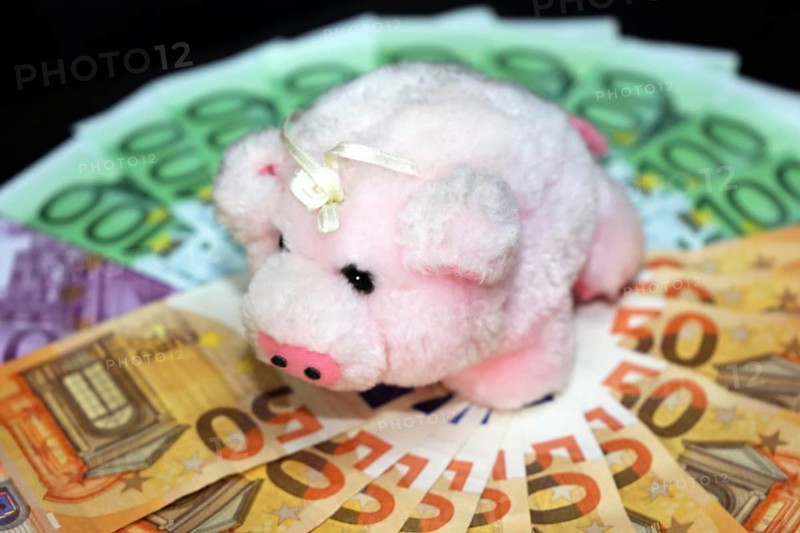 Euro banknotes with a pig as a symbol of good luck