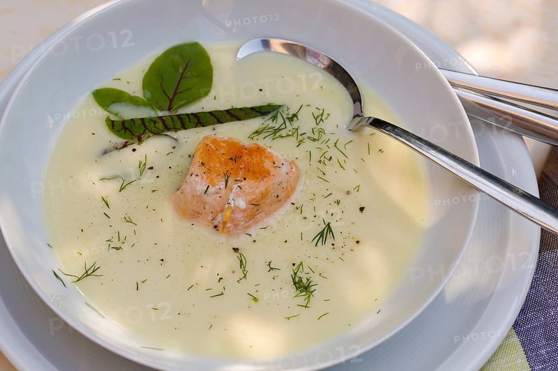 Southern German cuisine, sorrel soup with char, freshwater fish, soup arranged in a plate, herbs, fresh sorrel, blood sorrel, dill, toothpick, savoury, salty, traditional cuisine, food photography, studio, Germany, Europe