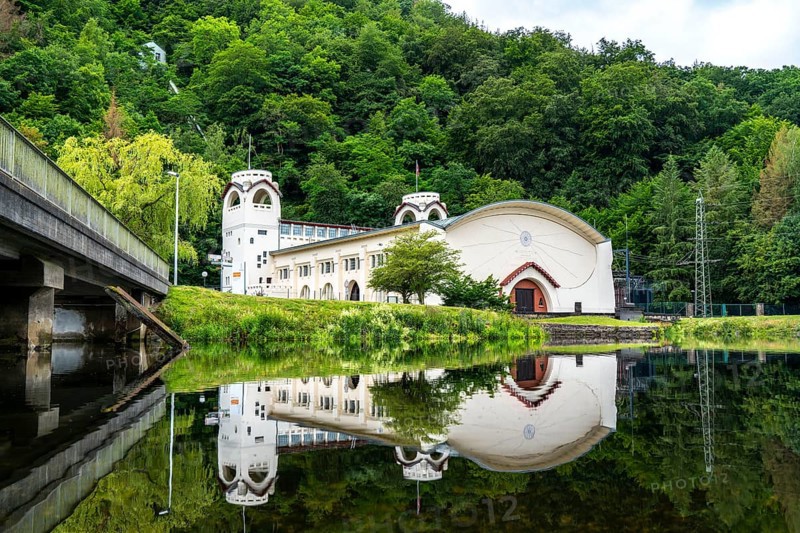 The historic Heimbach power station, at the Rur reservoir, hydroelectric power plant power station, Heimbach, North Rhine-Westphalia, Germany, Europe