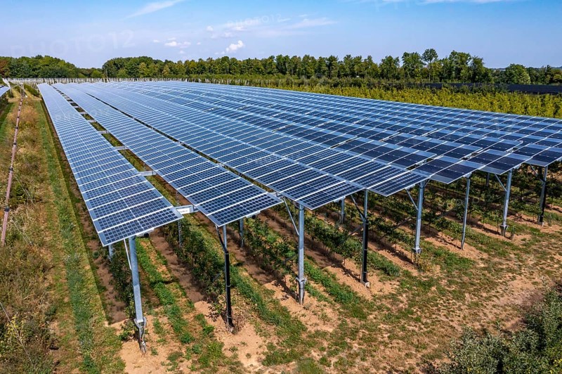 Agri-photovoltaic test plant, an apple orchard with two different systems of PV modules was roofed over 3000 square metres, rain and sunlight comes through, at the same time protection against hail and heavy rain, next to it are the same trees but without a solar roof, as a comparison object, how the PV roof affects the trees and harvest, the field test is accompanied by the Fraunhofer Institute for Solar Energy Systems ISE, in Grafschaft-Gelsdorf, Rhineland-Palatinate, Germany, Europe