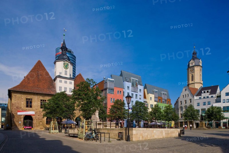Jena is a university town and independent city in Thuringia in the metropolitan region of Central Germany. After the state capital Erfurt, it is the second largest city in Thuringia and one of the three regional centres of the state. Town hall with Hanfried monument on the market square, Jena, Thuringia, Germany, Europe