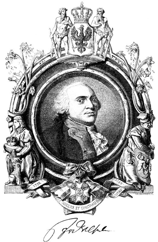 Portrait of King Frederick William II of Prussia (1744-1797), Latin inscription, Sincere et constanter, sincere and steadfast, picture frame, royal insignia, eagle with royal crown, orders, dates, ornamentation, Prussia, signature, Hohenzollern, historical illustration 1882