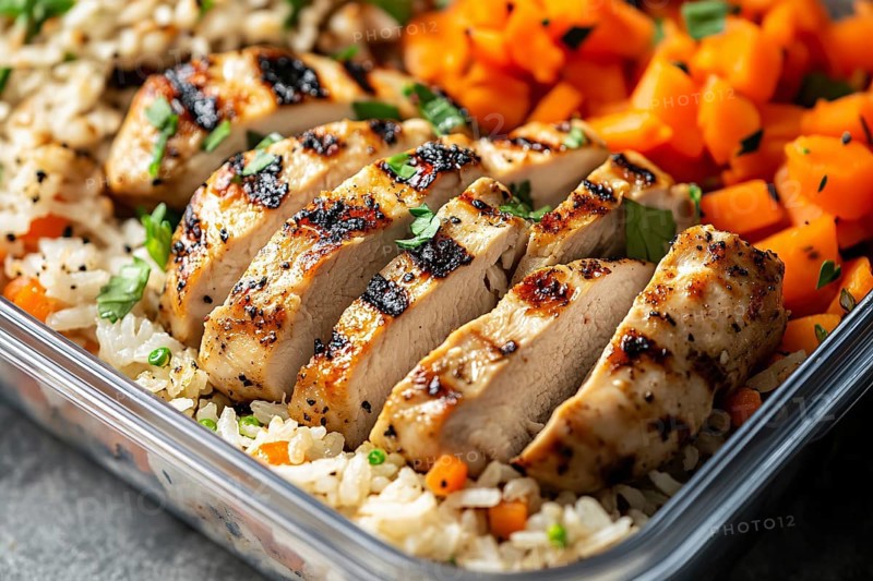 Close up of meal prep with healthy grilled chicken breast, carrots and rice. Generative Ai, AI generated