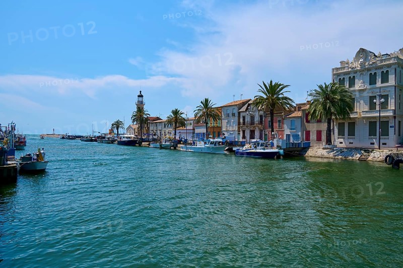 Coastal town with colourful houses and palm trees, boats in the water, on a sunny day, summer, Le Grau-du-Roi, Gard, Mediterranean, France, Europe