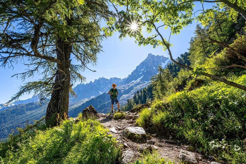 Hiker on hiking trail with sun star, hiking trail La Jonction, behind summit of Aiguille du Midi, Chamonix, Haute-Savoie, France, Europe