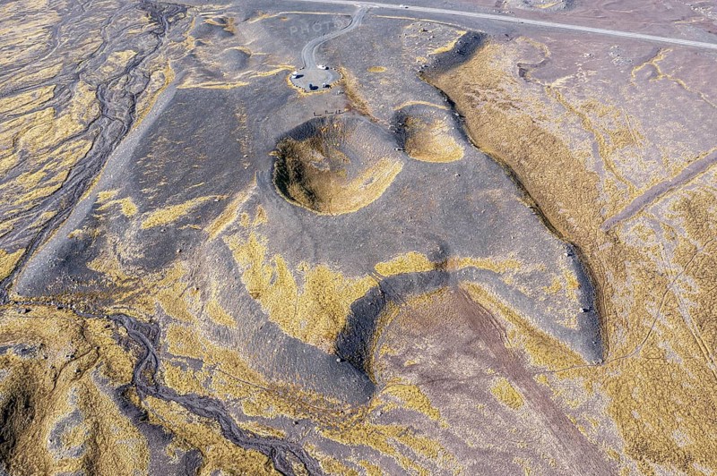 The Haalda depression, two holes formed by sand-covered, slowly melting icebergs, floodplain of the glacier Öræfajökull, east of Skaftafell, viewpoint, aerial view, Iceland, Europe