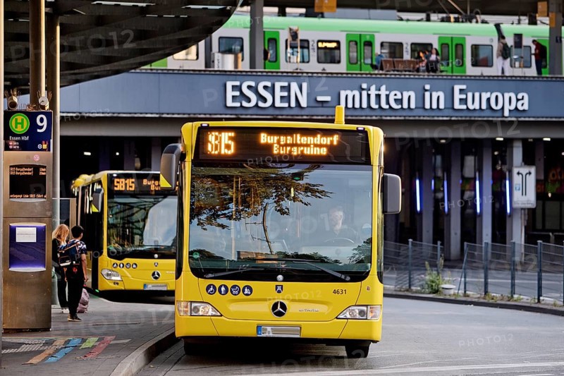 Essen public transport buses at Essen central station with local train, public transport, Deutschlandticket, Essen, Ruhr area, North Rhine-Westphalia, Germany, Europe