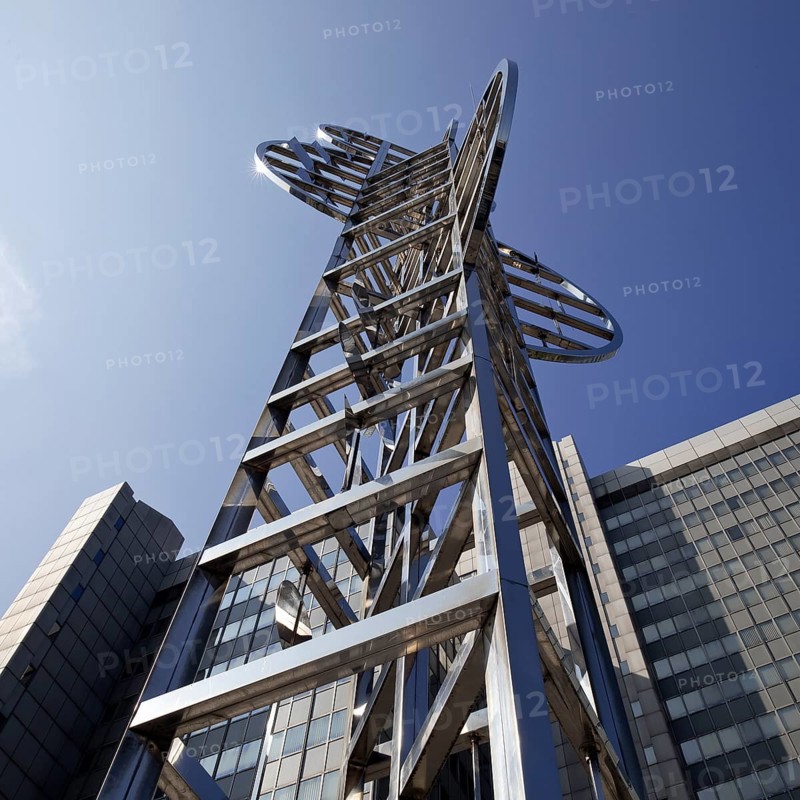 Sculpture by Nicolas Schöffer entitled Chronos 15, light-kinetic tower in front of the Stadthaus, Bonn, North Rhine-Westphalia, Germany, Europe