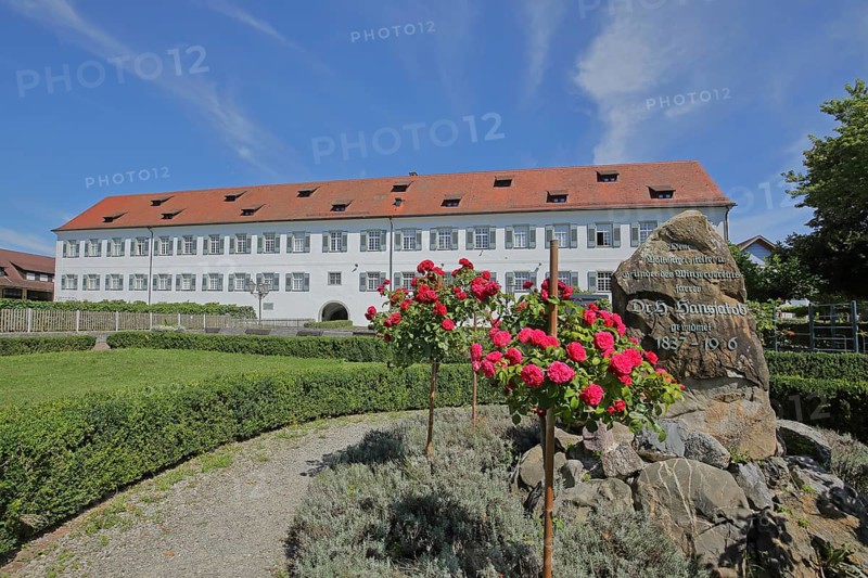 Town hall and memorial to Heinrich Hansjakob, memorial stone, Hagnau, Obersee, Lake Constance, Lake Constance region, Baden-Württemberg, Germany, Europe