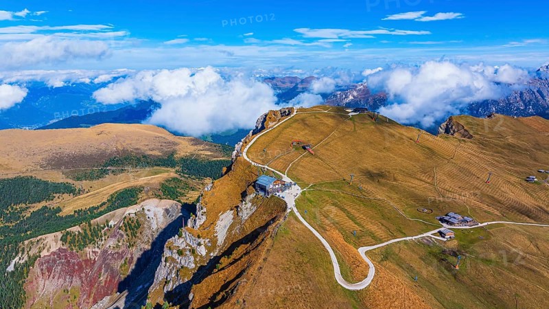 Summit station of the Seceda cable car, Sofie hut, drone shot, Val Gardena, Dolomites, Autonomous Province of Bolzano, South Tyrol, Italy, Europe