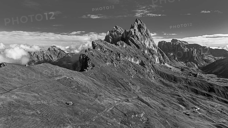 The peaks Sas Rigais and Furchetta of the Geisler group, drone image, black and white image, Val Gardena, Dolomites, Autonomous Province of Bolzano, South Tyrol, Italy, Europe