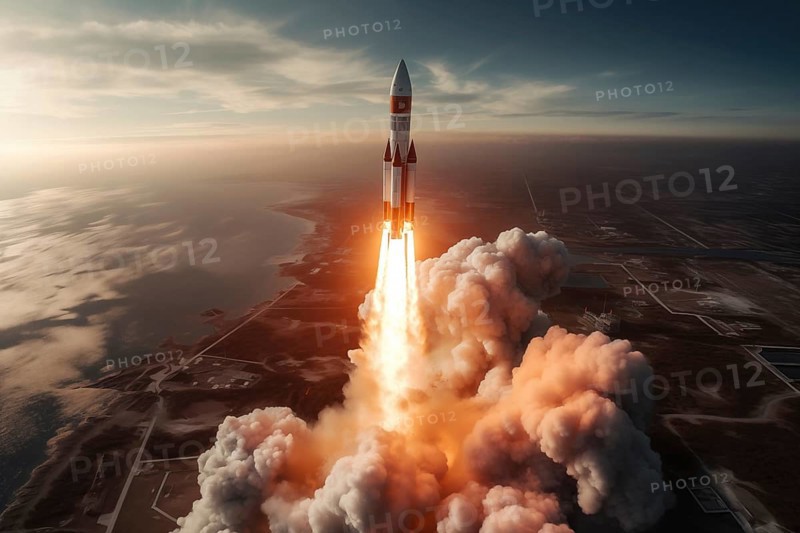 Aerial view of a rocket launch at sunrise sunset over an ocean coast. The rocket is blasting off with a trail of smoke and flames behind it, AI generated