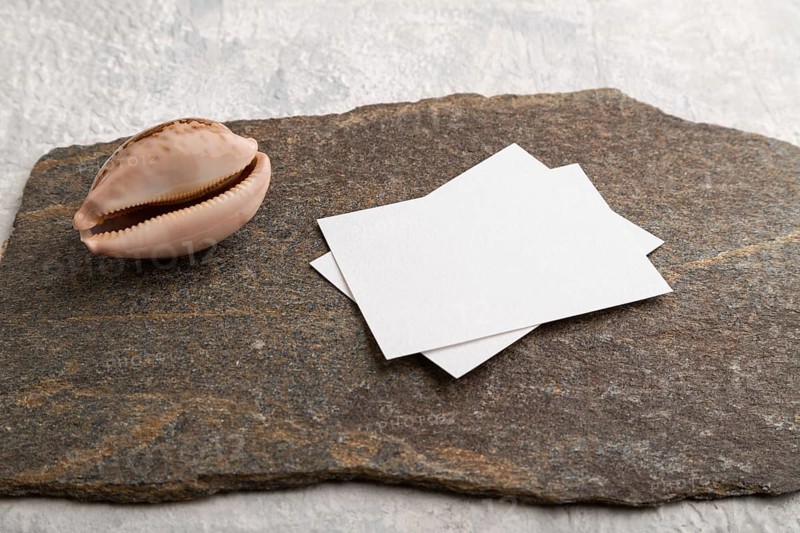 White paper business card, mockup with natural stone and seashell on gray concrete background. Blank, side view, still life, copy space