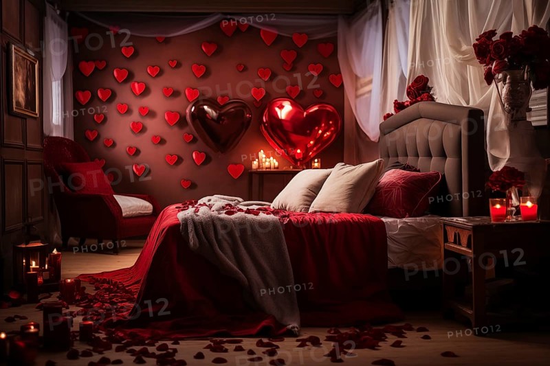 A cozy bedroom adorned with red and white heart-shaped balloons, rose petals, and candles creating a romantic atmosphere for Valentine's Day, AI generated
