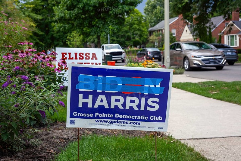 Grosse Pointe Park, Michigan USA, 23 July 2024, President Biden's name is crossed out on a Biden Harris campaign poster shortly after he dropped out of the race