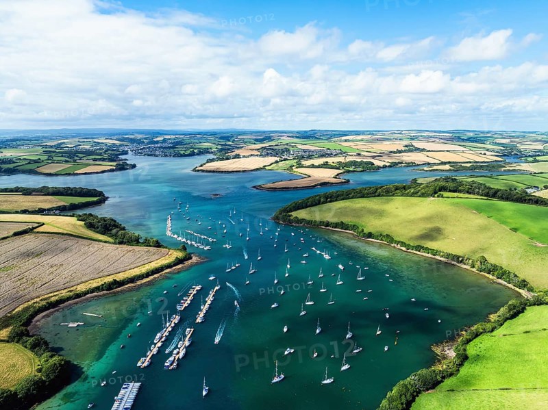 Salcombe and Mill Bay over Kingsbridge Estuary from a drone, Batson Creek, Southpool Creek, Devon, England, United Kingdom, Europe
