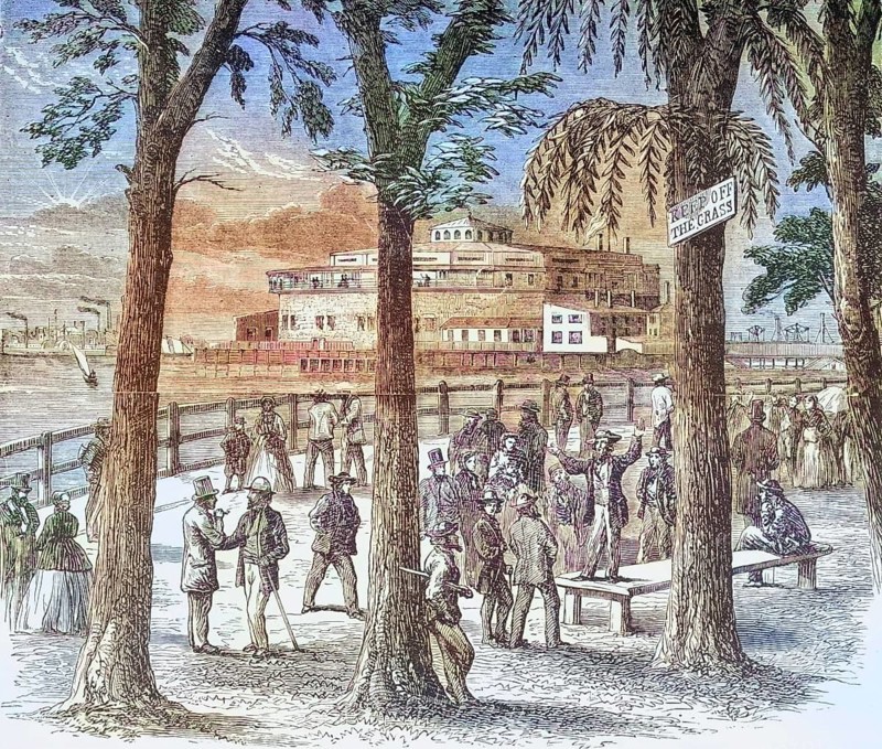 Castle Garden and Battery Park New York in the 1870s. From American Pictures Drawn With Pen And Pencil by Rev Samuel Manning c. 1880, United States, America, Historic, digitally restored reproduction from a 19th century original, Record date not stated, North America