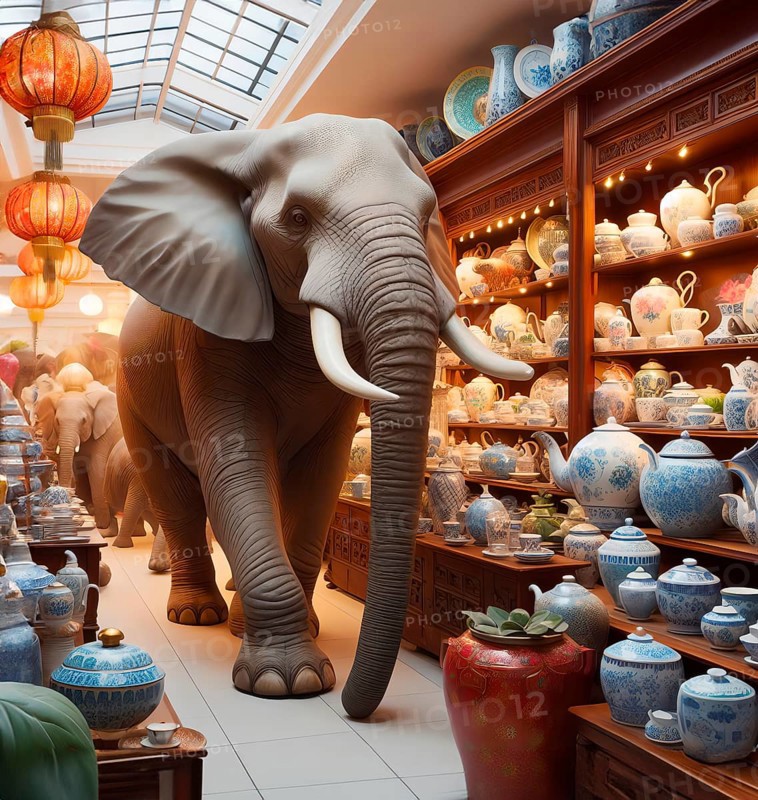 The elephant in the china shop, an elephant in a shop with porcelain and ceramics, AI generated, AI generated