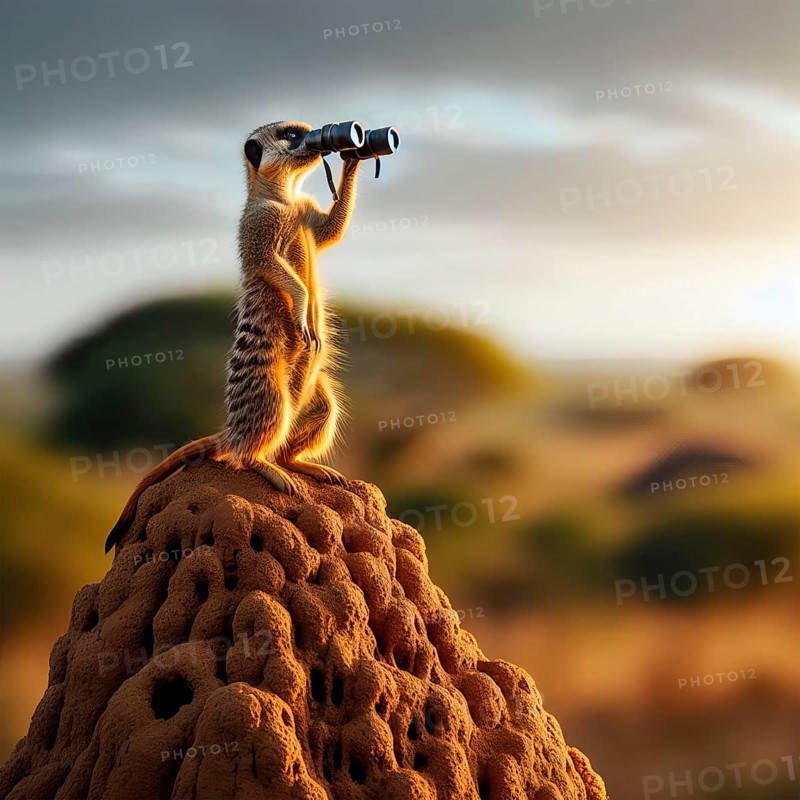 A meerkat peers with binoculars from a termite mound into the African savannah, AI generated, AI generated