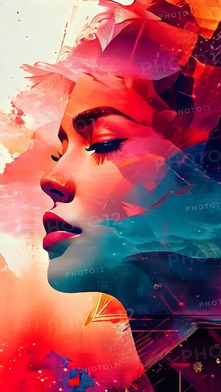AI generated abstract portrait in vector art foundation watercolor textures with overlapping photographic elements