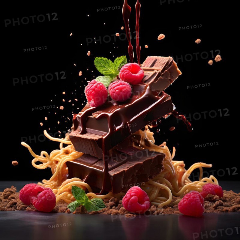 AI generated surreal food art blending a delicate raspberry teetering on the edge of an enormous chocolate
