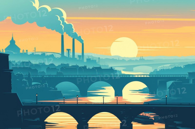 Illustration, graphic of an industrial landscape with bridges over a river, smoking chimneys at sunset, symbolic image for environmental pollution, AI generated, AI generated, AI generated