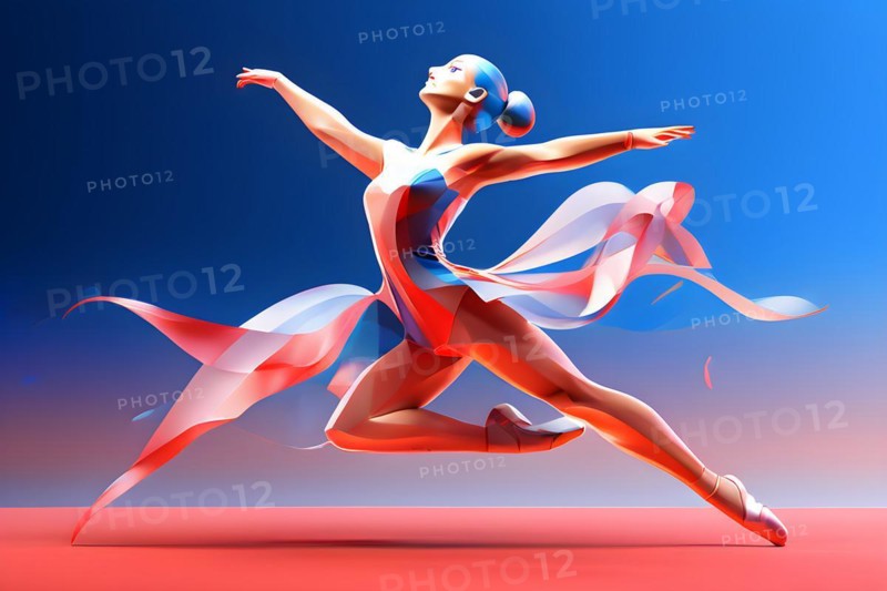 Abstract digital render of an olympic rythm sports gymnast morphing into fluid shapes of french tricolor blue red and white, AI generated, Paris, Paris, Olympic Games